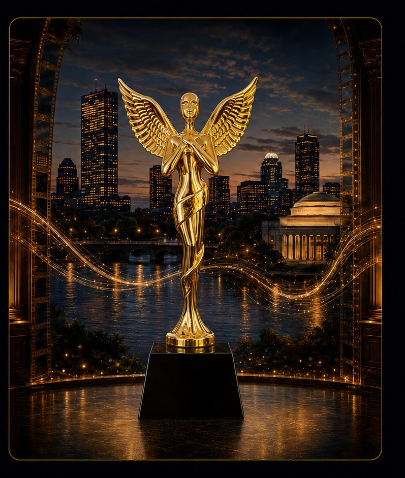 SVAIFF golden award trophy against the Boston skyline
